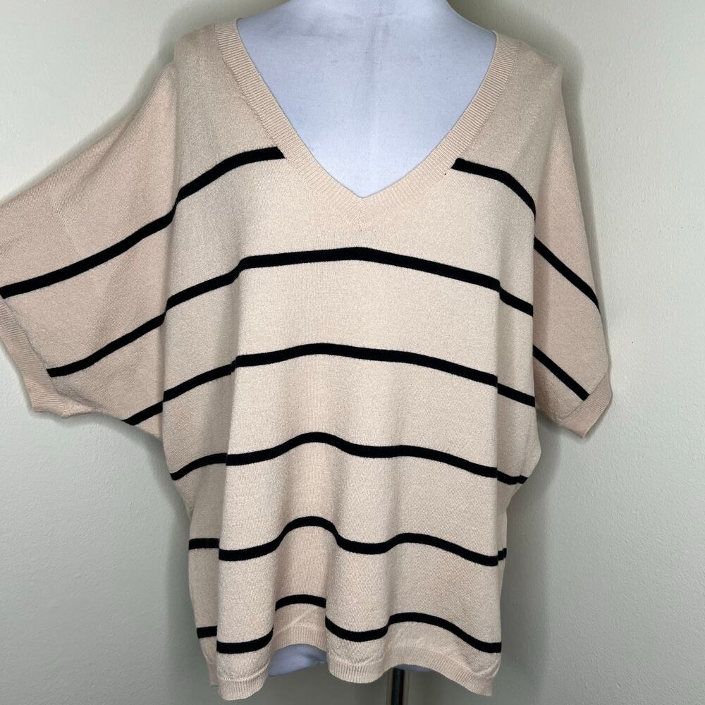 Common Threads Sweater M/L Petite Striped Oversized Dolman V-Neck Knit Beige New